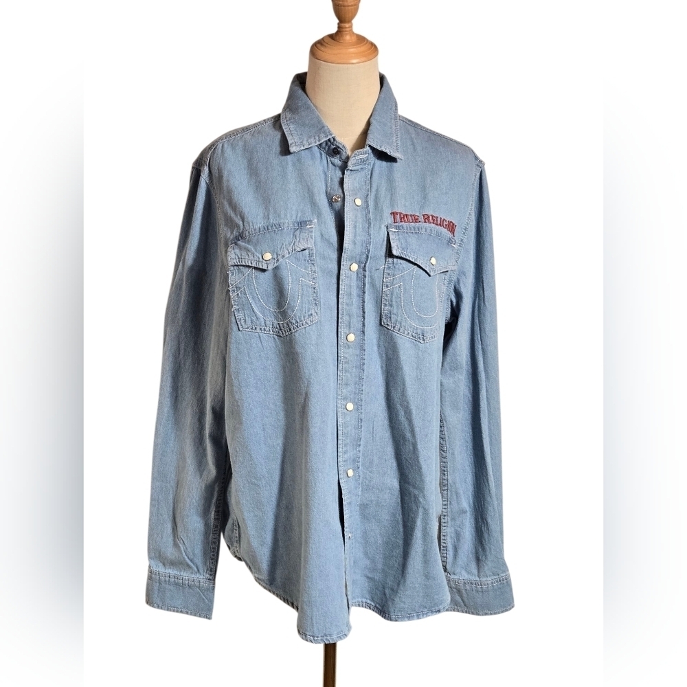 True Religion Blue Logo Denim Shirt NWT